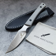 Load image into Gallery viewer, XHM Awesome Small Fixed Blade Knife, Full Tang 7Cr13Mov Steel Blade, Black and Gray G10 Handle, Leather Sheath, for Hunting, Outdoor Survival, Camping, Fishing