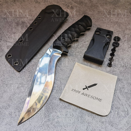 XHM Awesome Fixed Blade Knife Kukri, Full Tang 9Cr18Mov Steel Machete, G10 Handle, Adjustable Kydex Sheath, for Hunting, Outdoor Survival, Camping