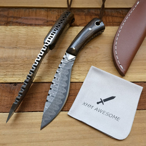 XHM Awesome Fixed Blade Knife Kukri Hand Forged Full Tang Damascus Pattern Blade, for Hunting Outdoor Survival