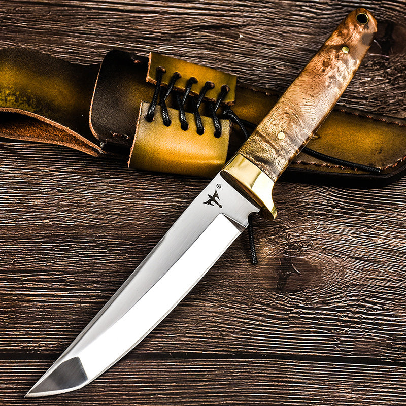 10.2 Tanto Style Fixed Blade Hunting Camping Kitchen Knife w/ Wood 